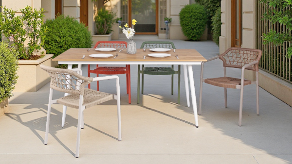 Stackable Aluminum Rope Weaved Outdoor Patio Dining Chairs And Wooden Table For Garden